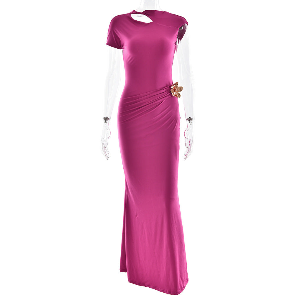 One Shoulder Cap Sleeve Cutout Ruched Maxi Dress with Buckle 4