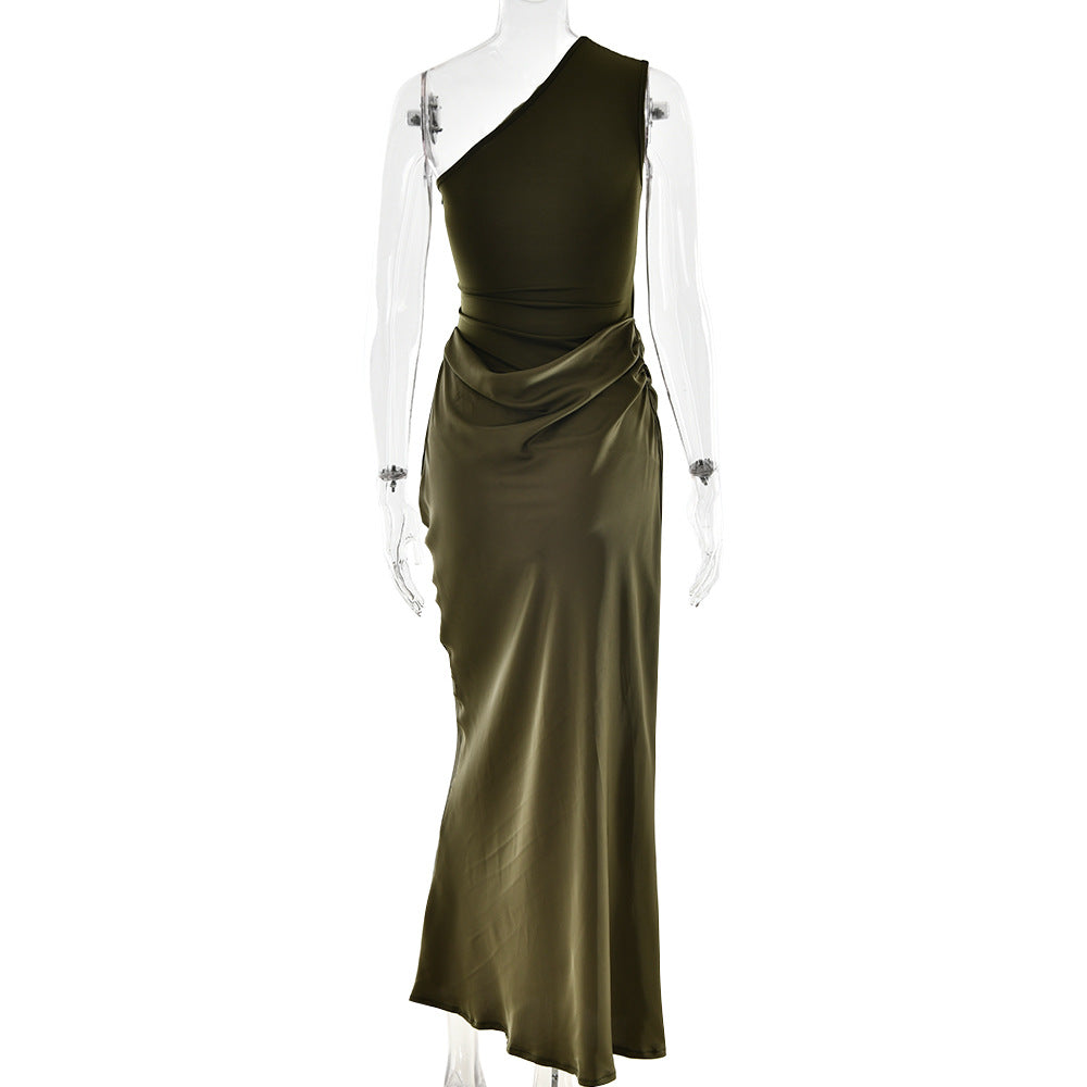 One Shoulder Ruched Matte Bodice Satin Draped Maxi Dress 5
