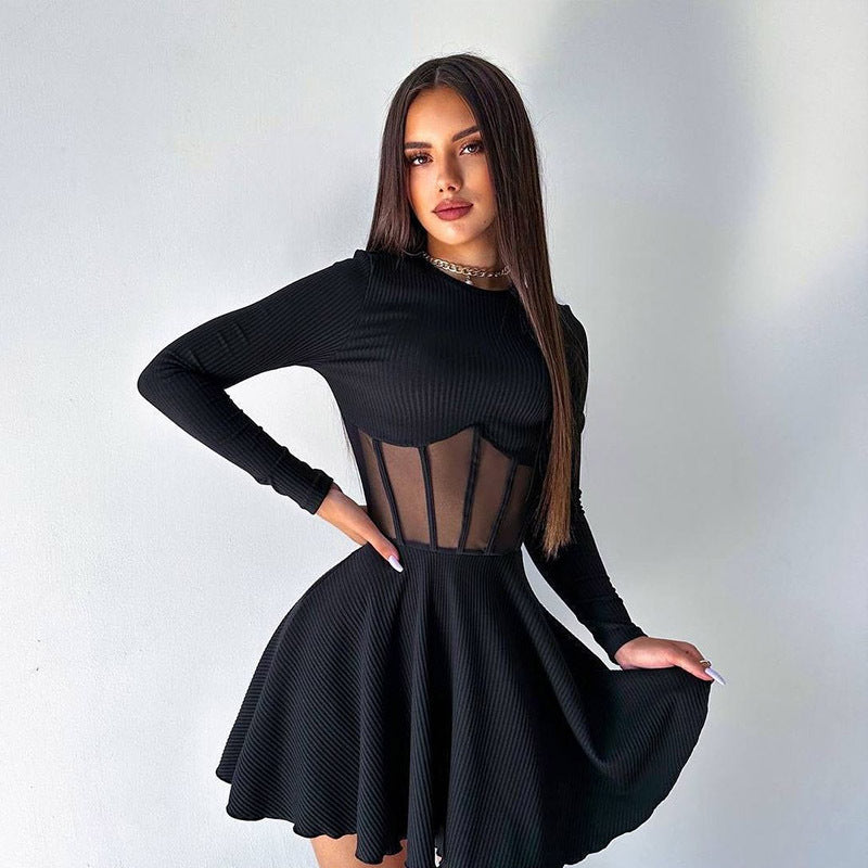 Crew Neck Corset Cage Waist Ribbed Knit Fit And Flare Mini Dress 5