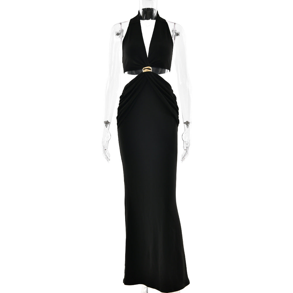 Halter Plunging V-Neck Side Waist Cutout Ring Detail Bodycon Maxi Dress 5