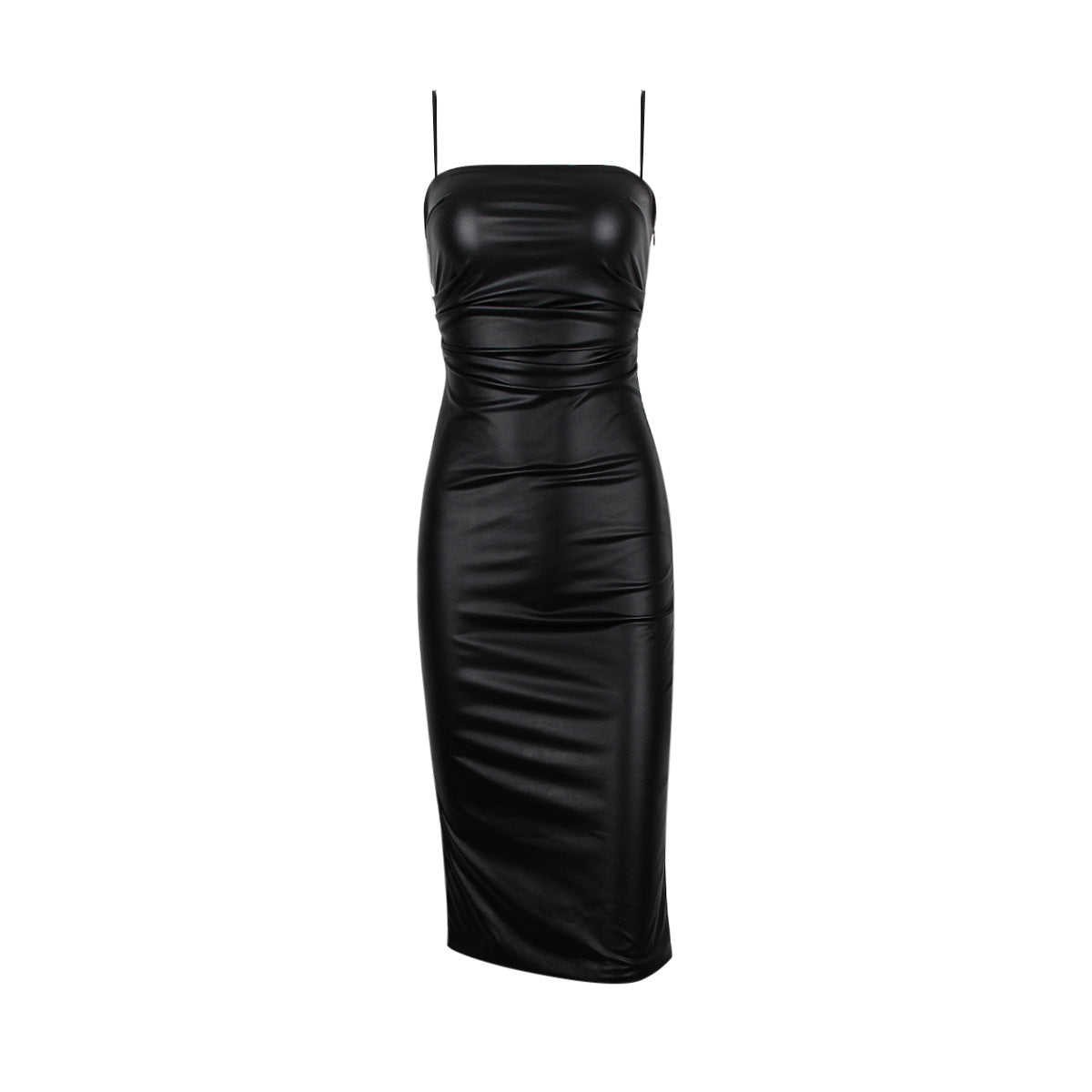 Square Neck Spaghetti Strap Faux Leather Bodycon Midi Dress 5