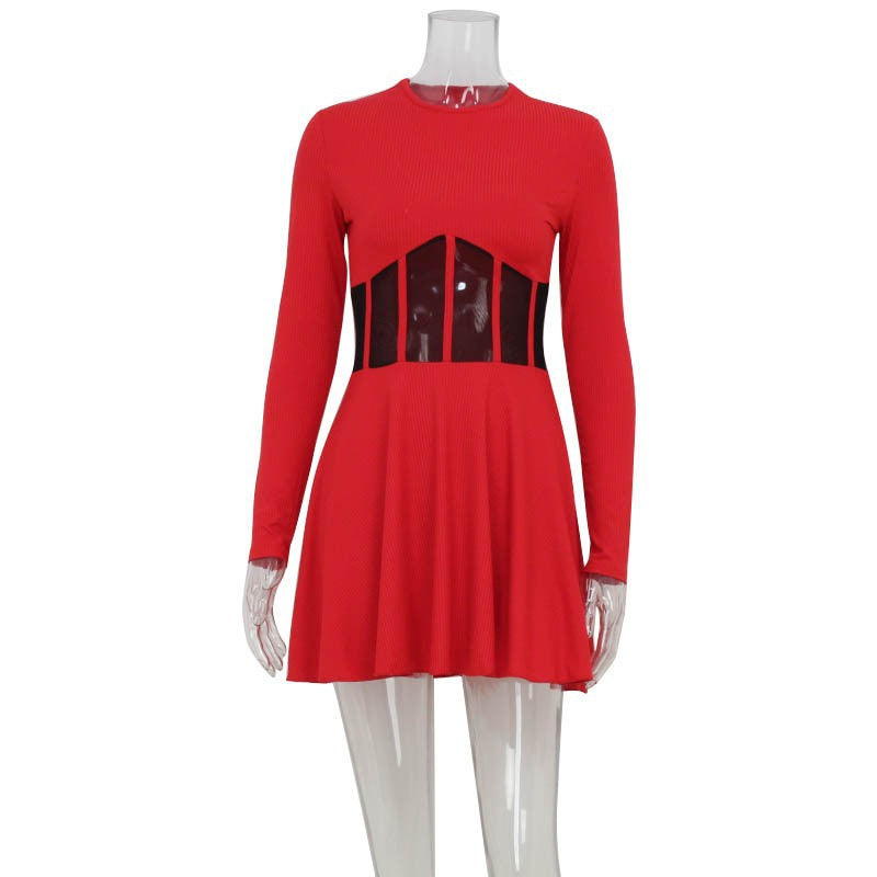 Crew Neck Corset Cage Waist Ribbed Knit Fit And Flare Mini Dress 4