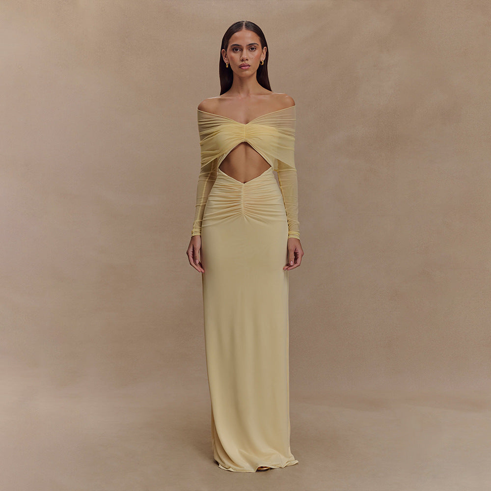 Off Shoulder Mesh Sleeve Diamond Cutout Ruched Column Maxi Gown
