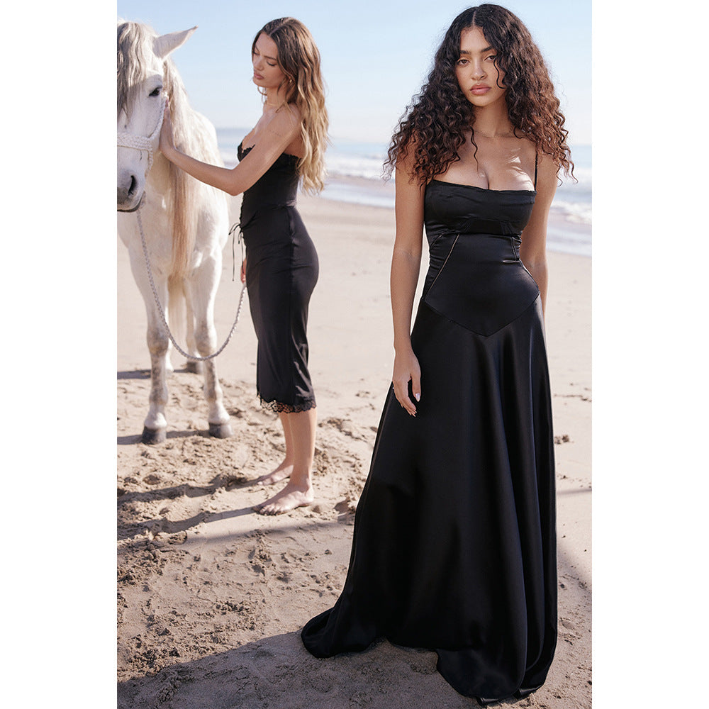 Square Neck Corset Bodice Pintuck Lace Up Back Satin Slip Maxi Dress
