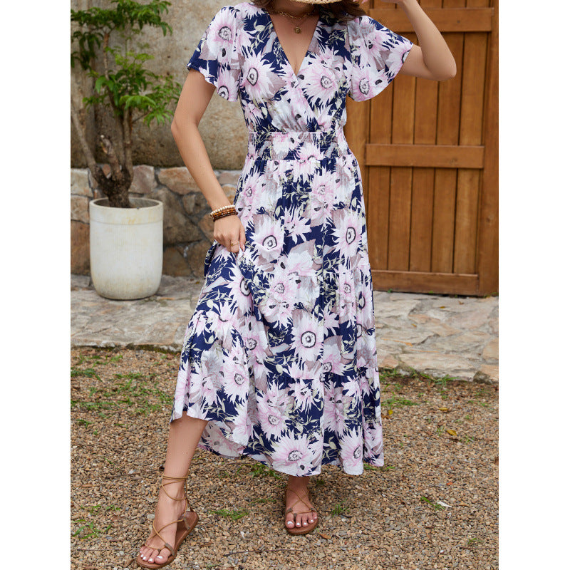 Sunflower Floral Print V-Neck Smocked Waist Flutter Sleeve Tiered Maxi Dress 6