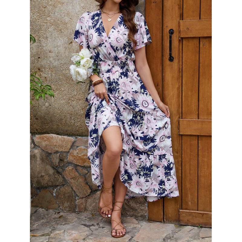 Sunflower Floral Print V-Neck Smocked Waist Flutter Sleeve Tiered Maxi Dress 2