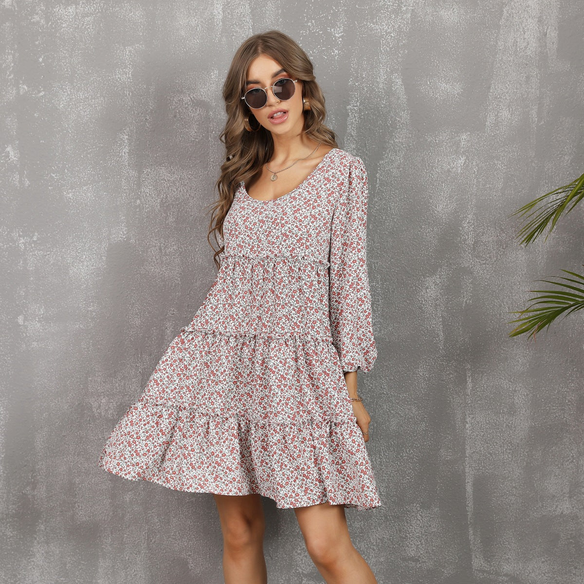 Round Neck Long Sleeve Ditsy Floral Tiered Babydoll Mini Dress 7