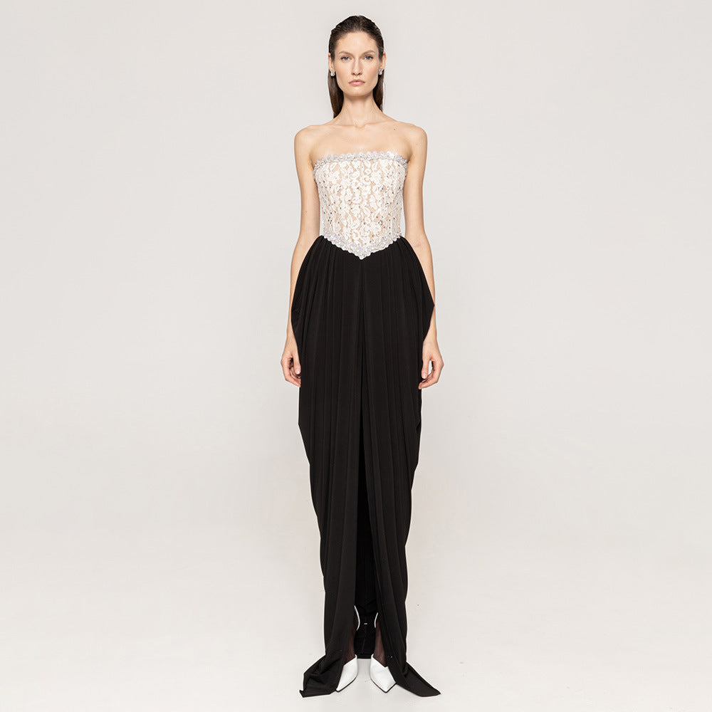 Lace Embellished Strapless Corset Basque Waist High Split Maxi Gown 3