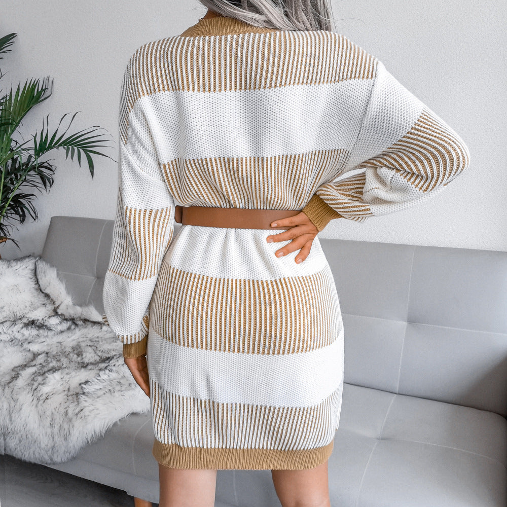 Crew Neck Long Sleeve Horizontal Stripe Knit Sweater Dress 5