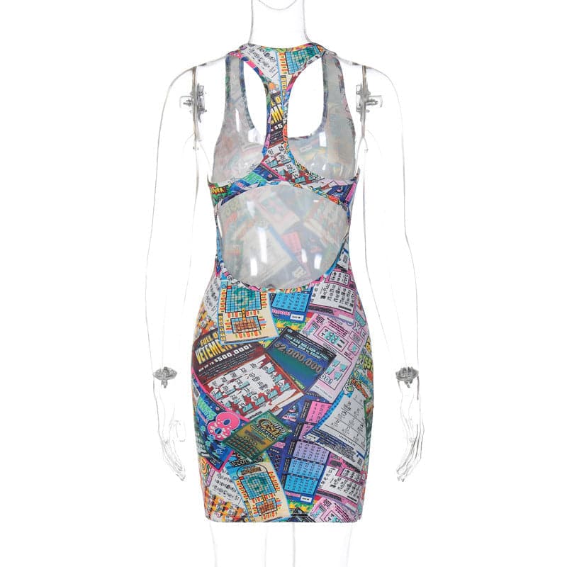 Lottery Ticket Print Scoop Neck Sleeveless Bodycon Mini Dress 6