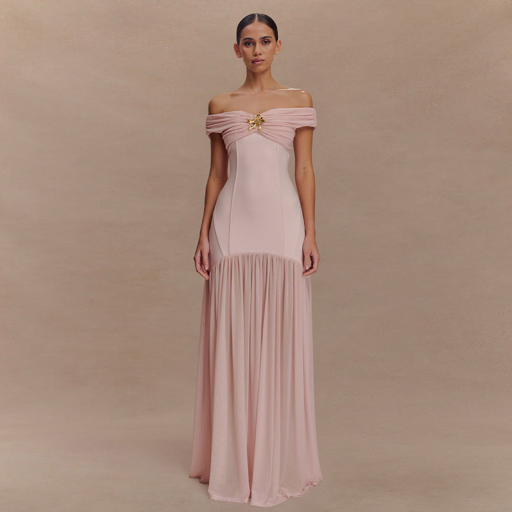 Off Shoulder Ruched Folded Bandage Maxi Dress