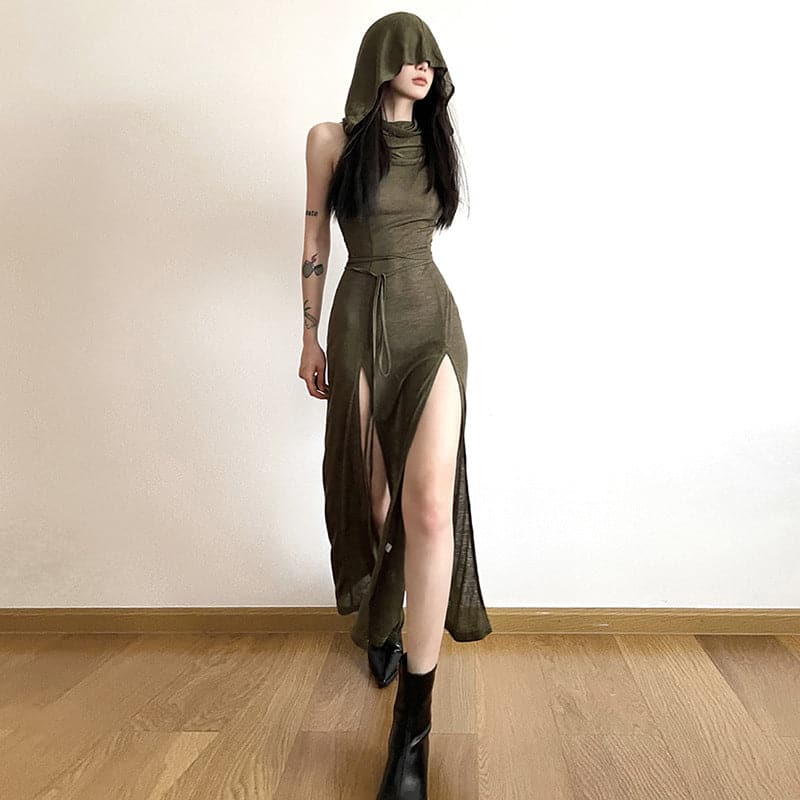 Cowl Neck Tie Waist Double Slit Sleeveless Maxi Dress 4