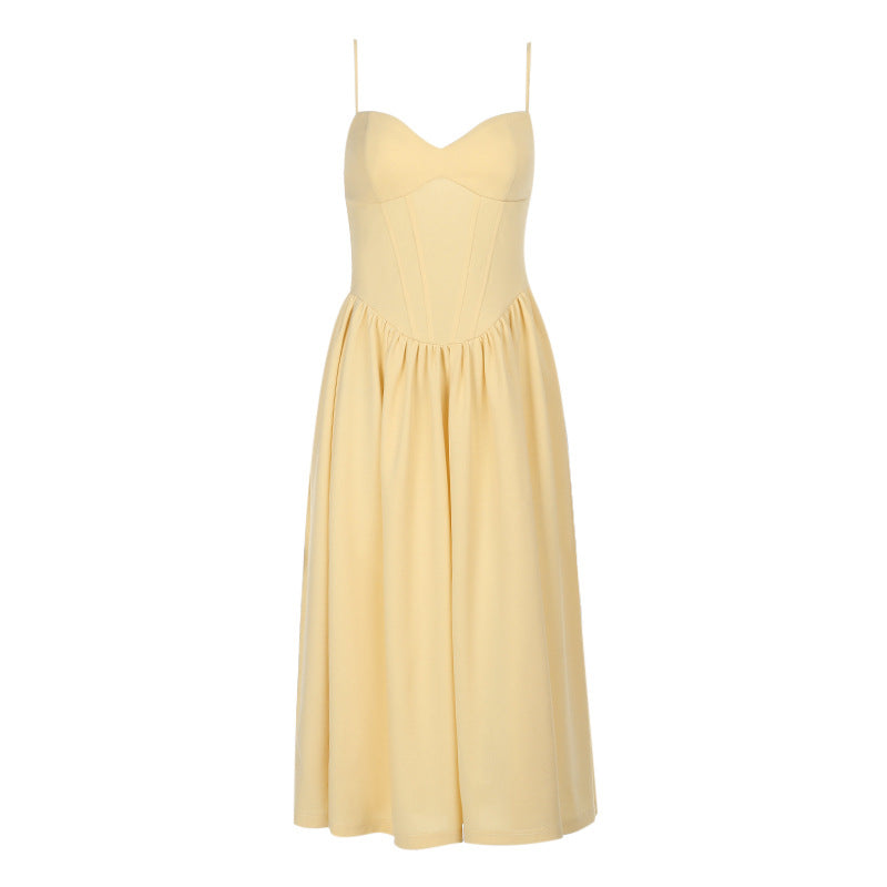 Sweetheart Spaghetti Strap Corset Bodice Pleated Pocket Midi Dress 10