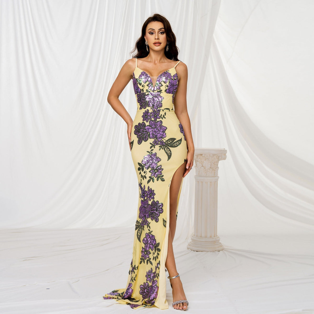 Spaghetti Strap Deep V Neck Floral Sequin Thigh Slit Column Maxi Gown