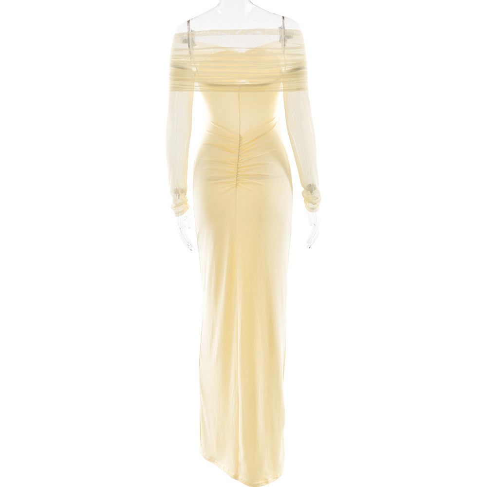 Off Shoulder Mesh Sleeve Diamond Cutout Ruched Column Maxi Gown 12