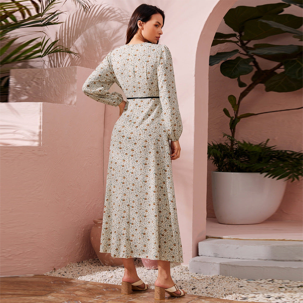 Deep V Lace Trim Ditsy Floral Bishop Sleeve Belted Maxi Dress 3