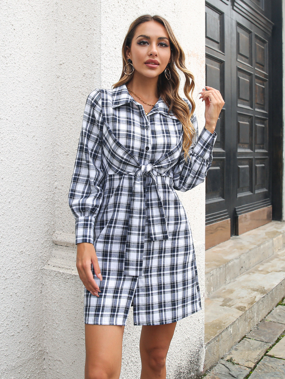 Collared Long Sleeve Tie Front Plaid Mini Shirt Dress 4
