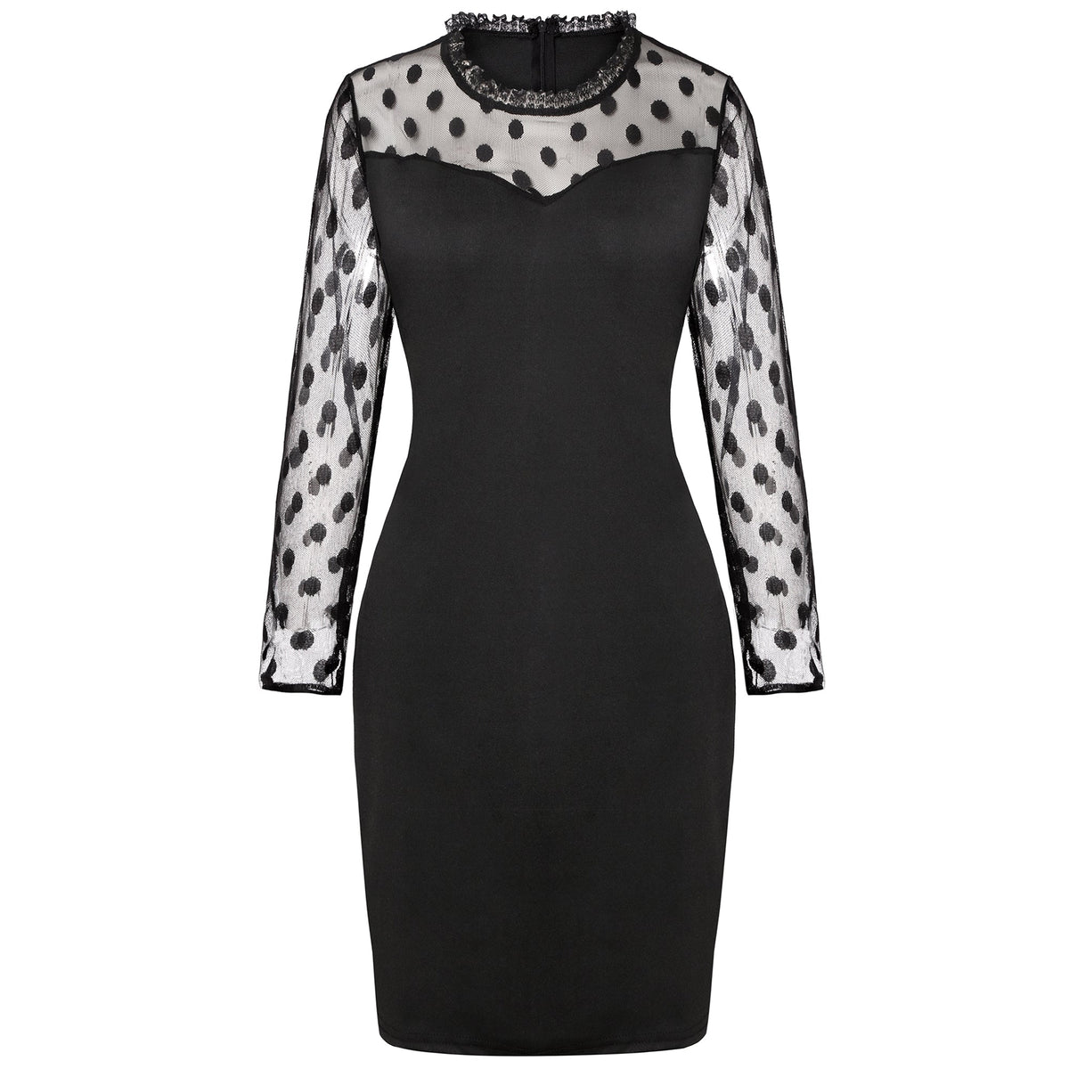 Mock Neck Sweetheart Mesh Yoke Polka Dot Puff Sleeve Bodycon Mini Dress 5