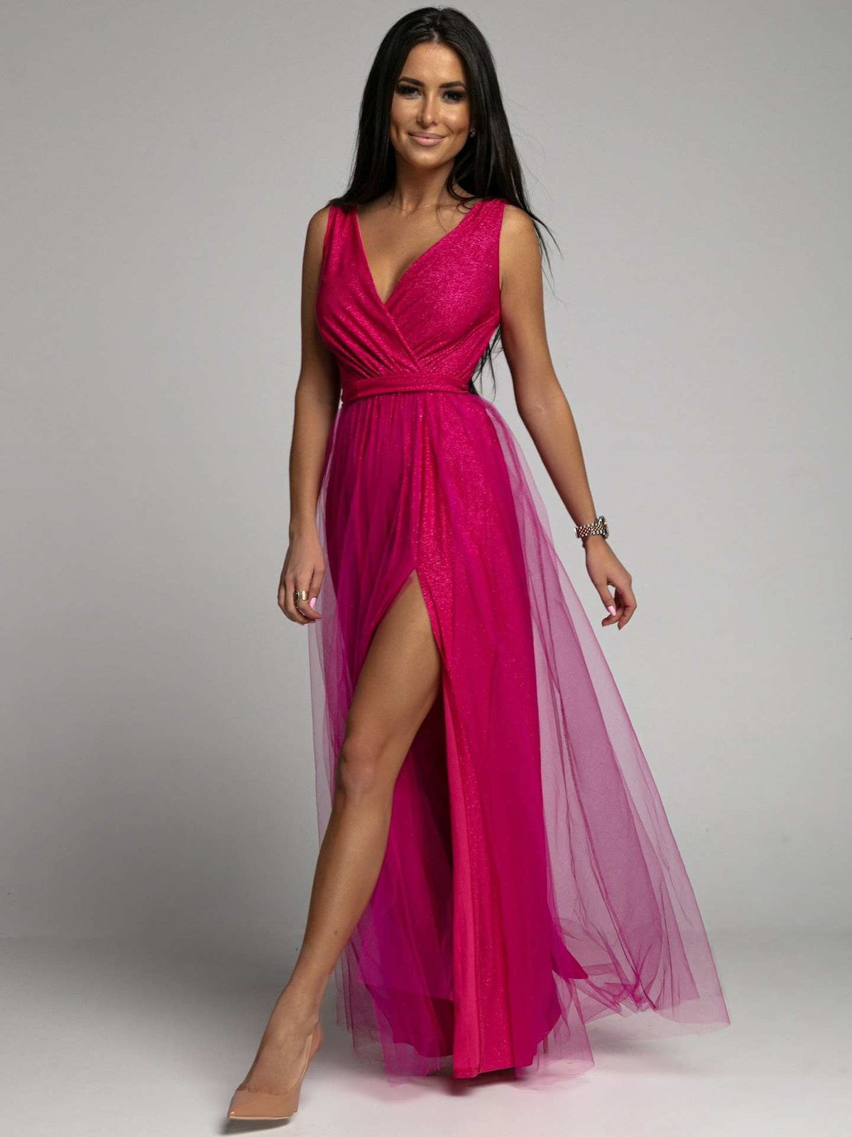 Plunge V-Neck Wrap Bodice Tulle Overlay Side Slit Shimmer Maxi Dress 3
