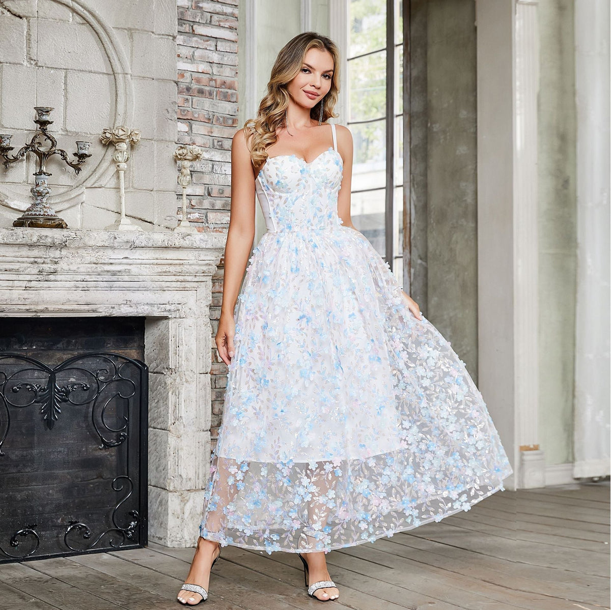 Sweetheart Spaghetti Strap Corset Bodice 3D Floral Applique Mesh Midi Dress 4