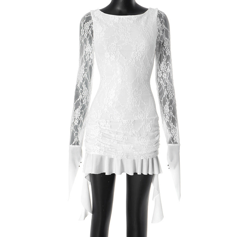Lace Overlay Long Sleeve Boat Neck Ruched Asymmetric Hem Bodycon Mini Dress 5