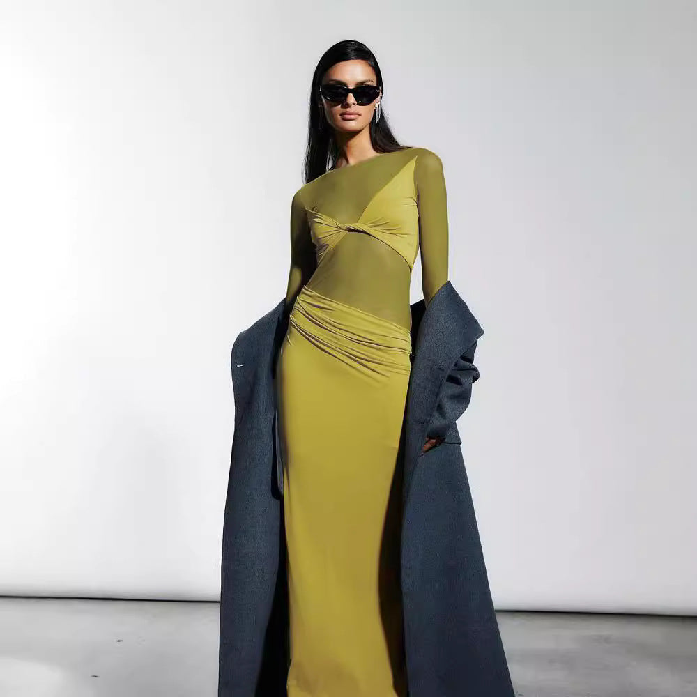 Sheer Mesh Twist Knot Bodice Ruched Waist Long Sleeve Maxi Dress