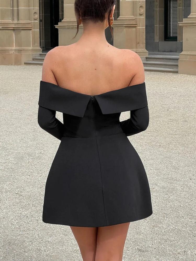 Off Shoulder Long Sleeve Flap Pocket A-Line Mini Dress 2