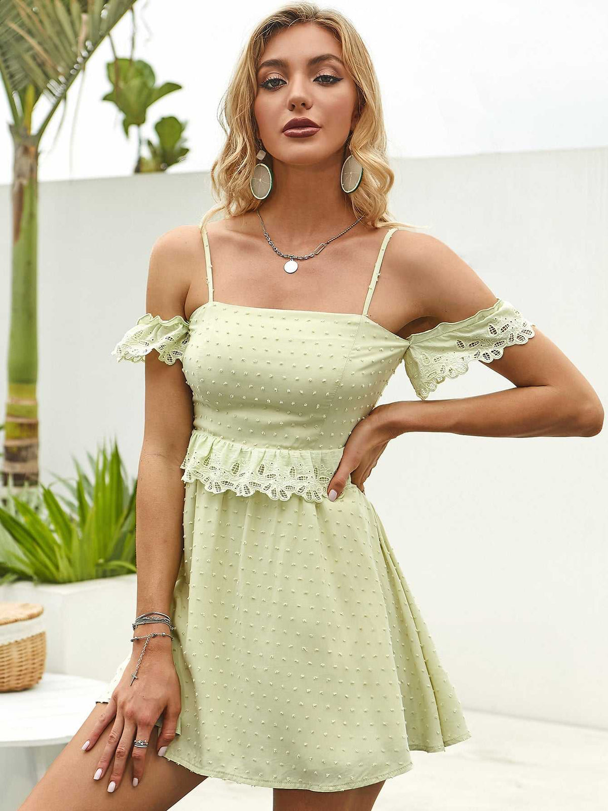 Swiss Dot Eyelet Lace Off-Shoulder Ruffle Trim A-Line Mini Dress