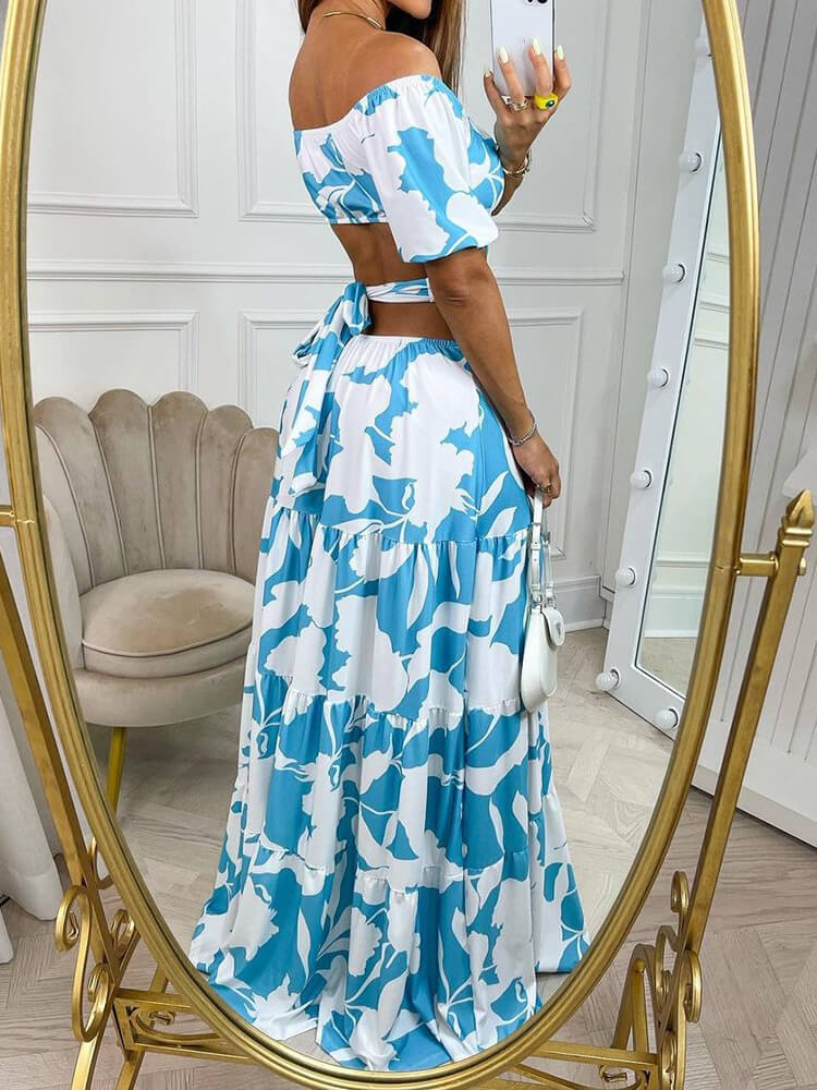 Off Shoulder Puff Sleeve Cut Out Waist Tiered Floral Print Maxi Dress 4