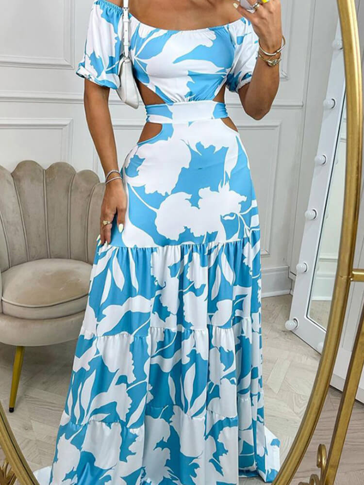 Off Shoulder Puff Sleeve Cut Out Waist Tiered Floral Print Maxi Dress 3