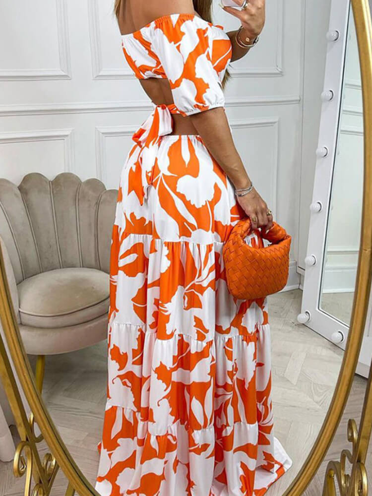 Off Shoulder Puff Sleeve Cut Out Waist Tiered Floral Print Maxi Dress 2