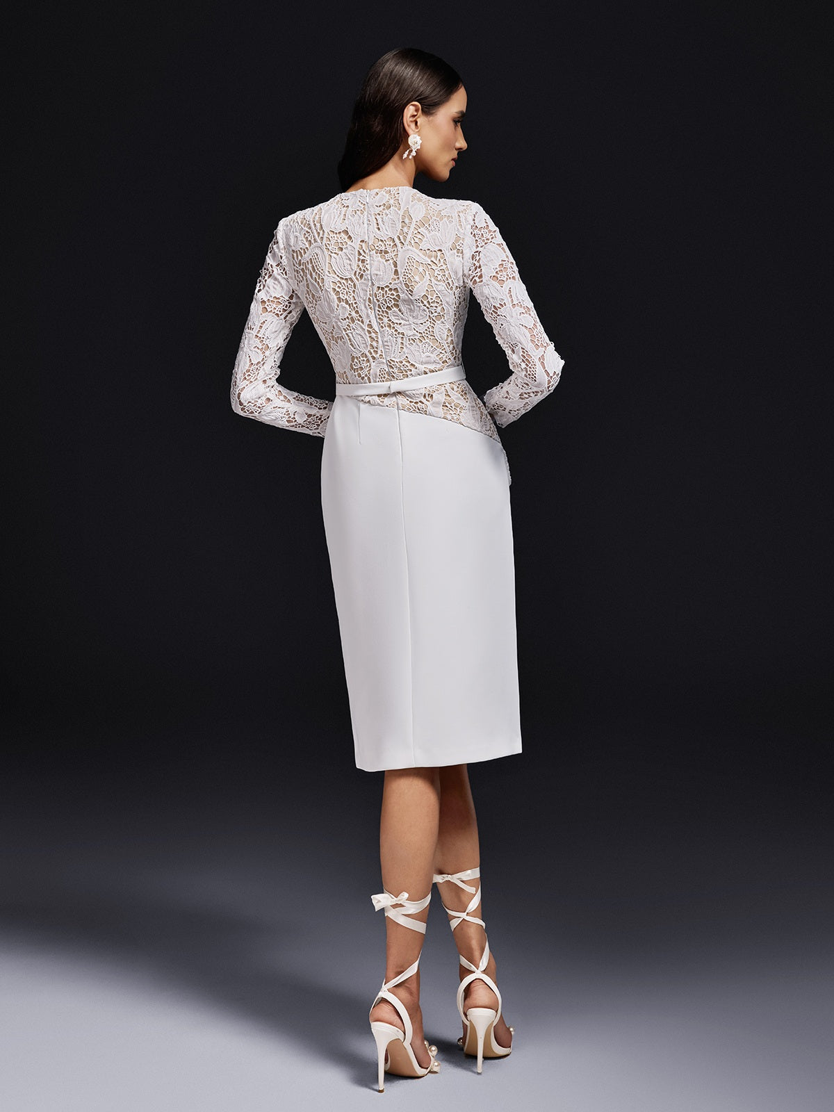 Floral Lace Long Sleeve Belted Pencil Overlay Midi Cocktail Dress 6