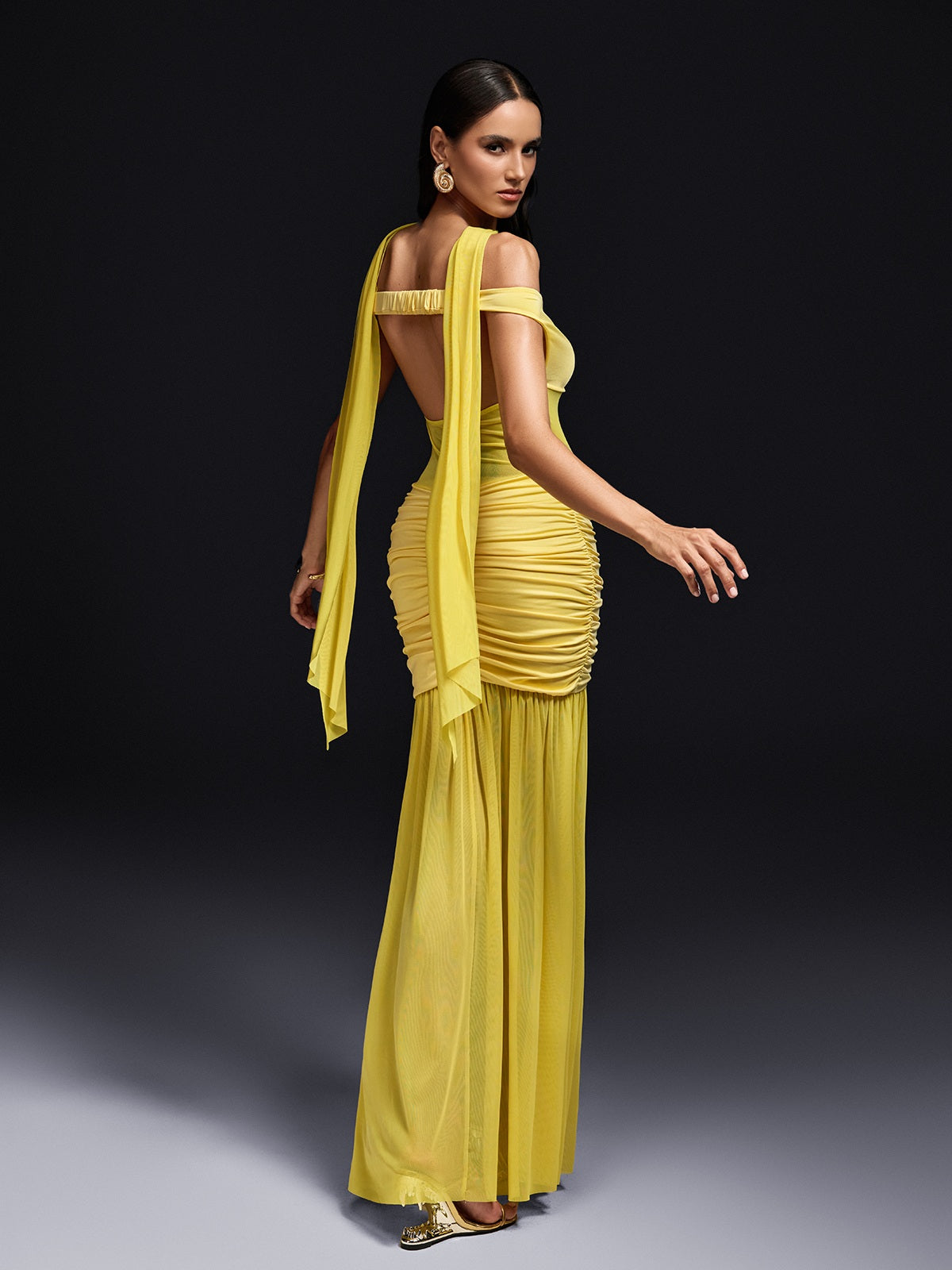 Off Shoulder Sweetheart Mesh Panel Ruched Scarf Maxi Dress 6
