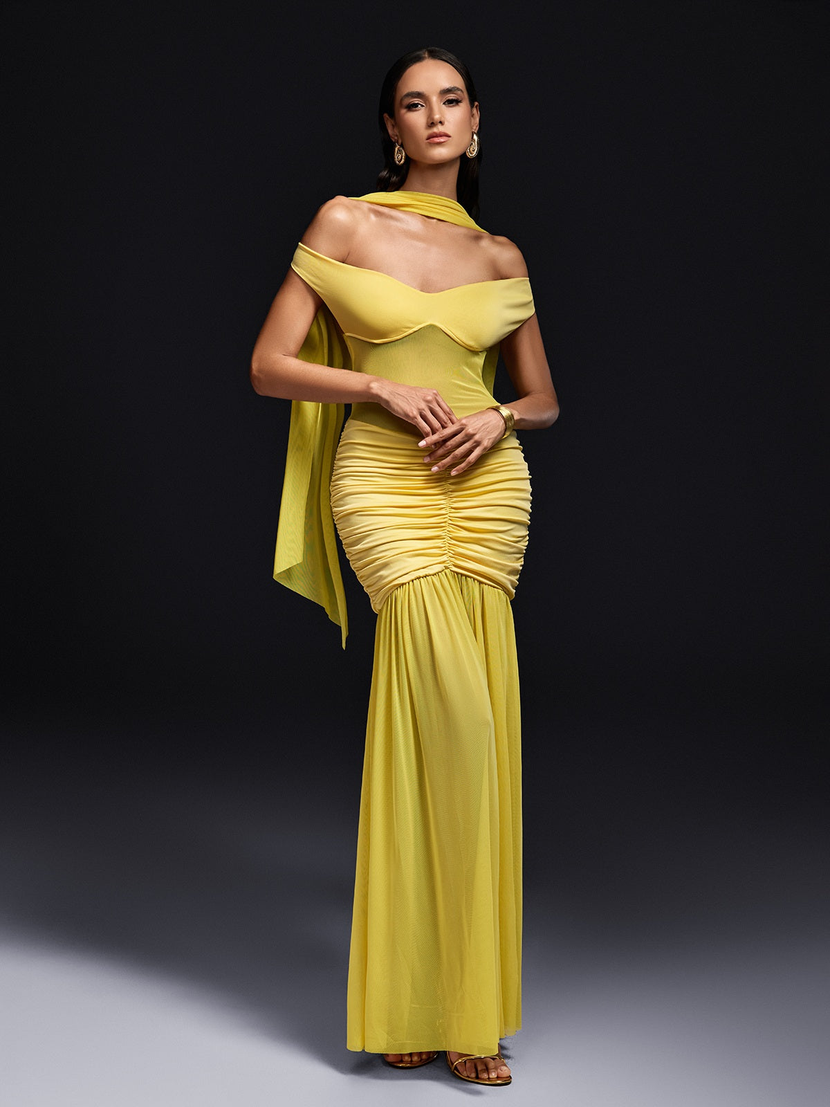 Off Shoulder Sweetheart Mesh Panel Ruched Scarf Maxi Dress 5