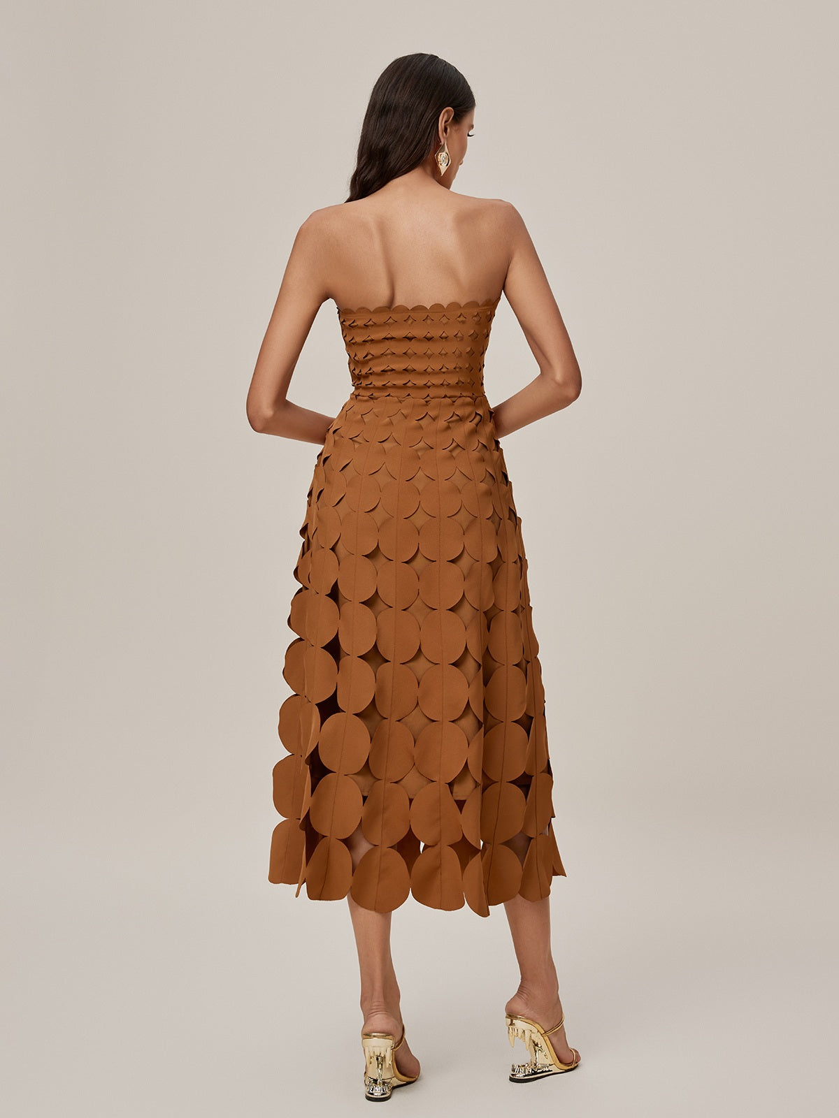 Strapless Laser Cut Circular Applique Scalloped Neckline Midi Dress 6