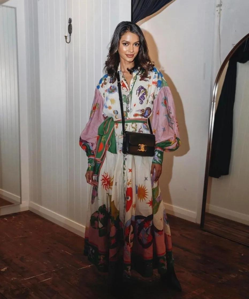 Whimsical Print Puff Sleeve Sash Bow Button Front Maxi Shirt Dress 7