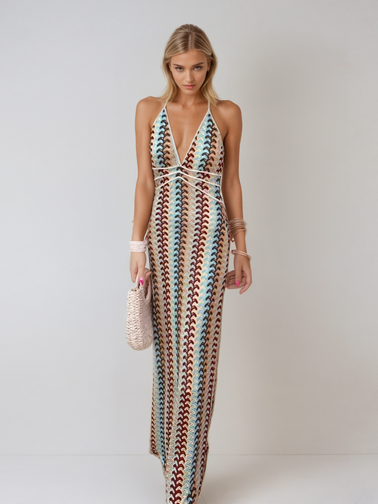 Halter Deep V Crochet Wave Pattern Column Maxi Dress
