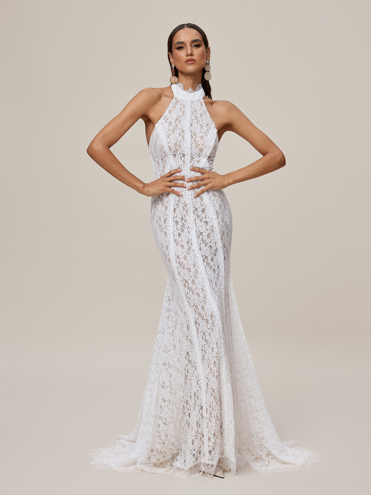 Halter Neck Scalloped Lace Collar Sleeveless Mermaid Lace Maxi Gown 2