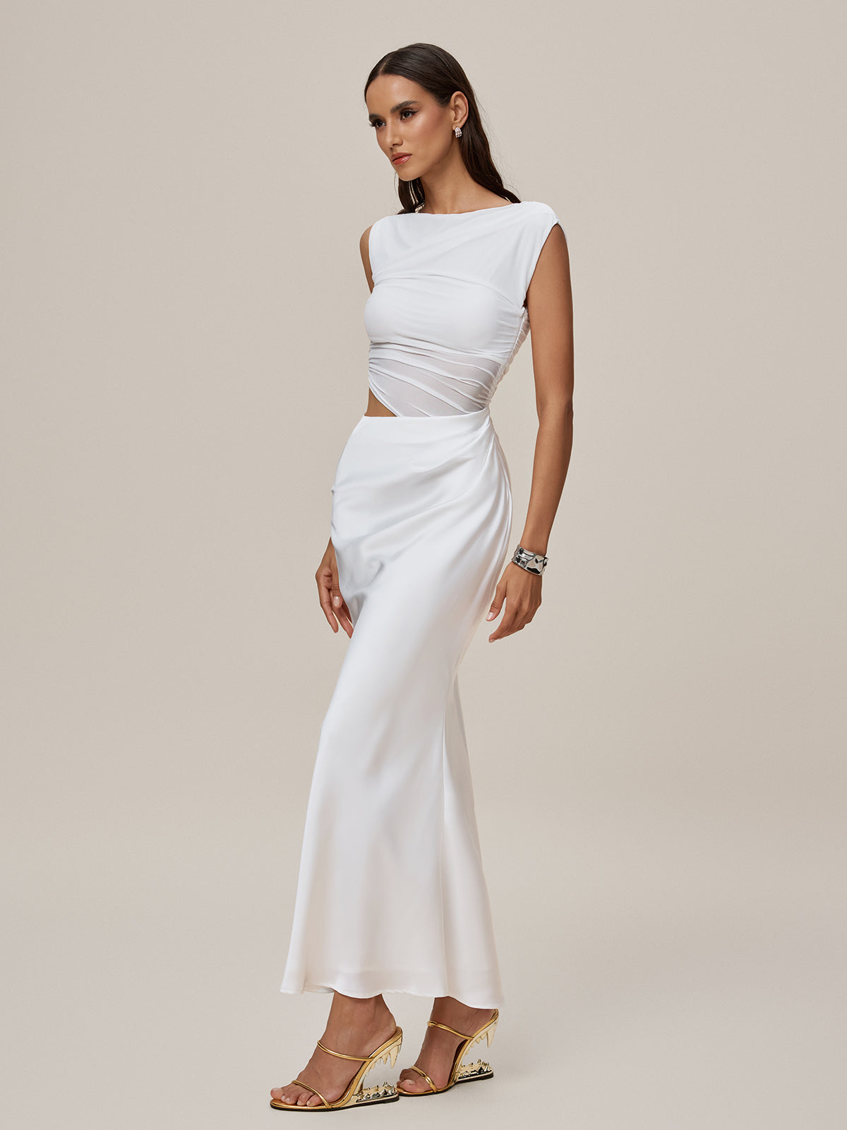 Asymmetric Neck Ruched Mesh Panel Waist Cutout Satin Maxi Dress 5