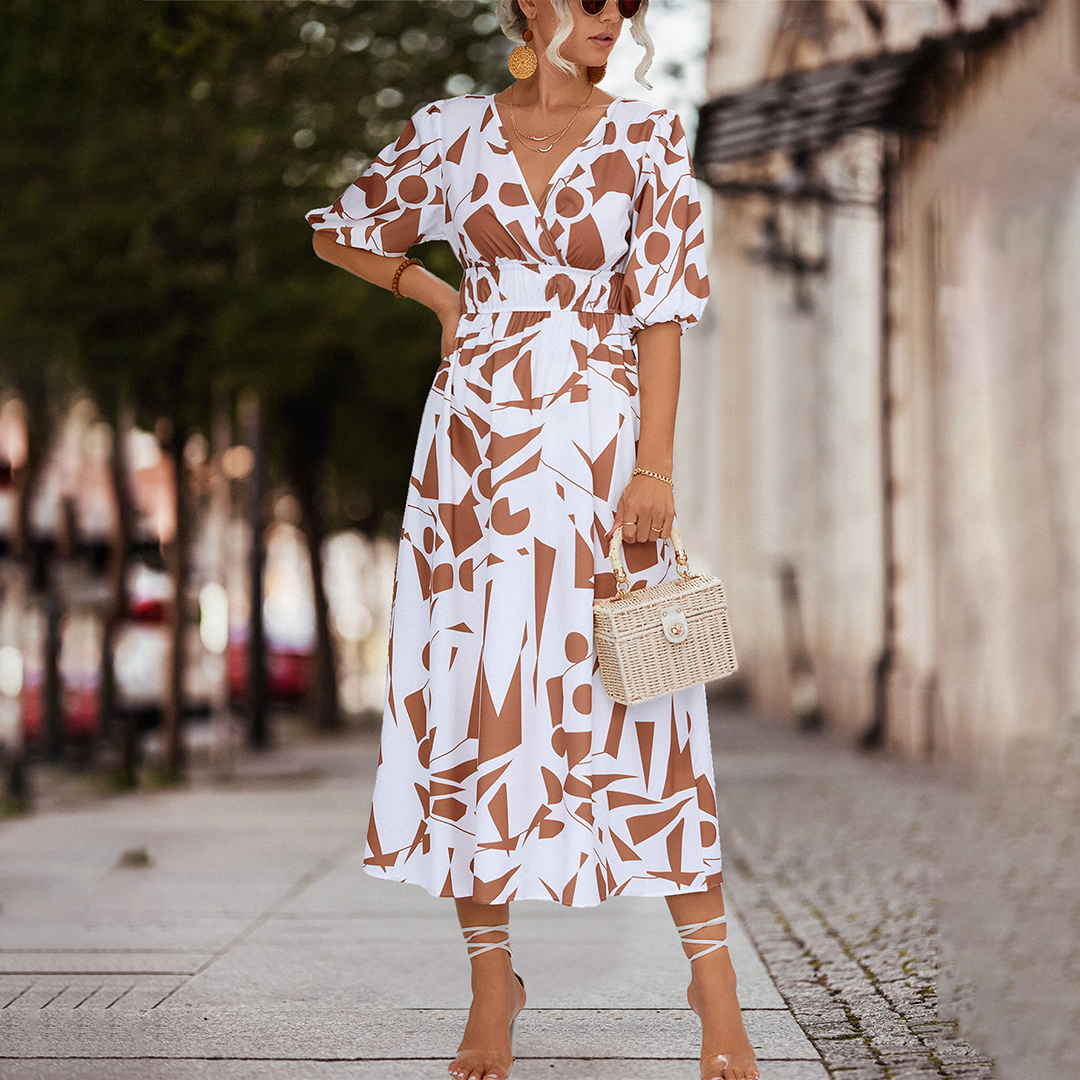 Deep V-Neck Puff Sleeve Smocked Waist Abstract Geometric Print Midi Dress 4