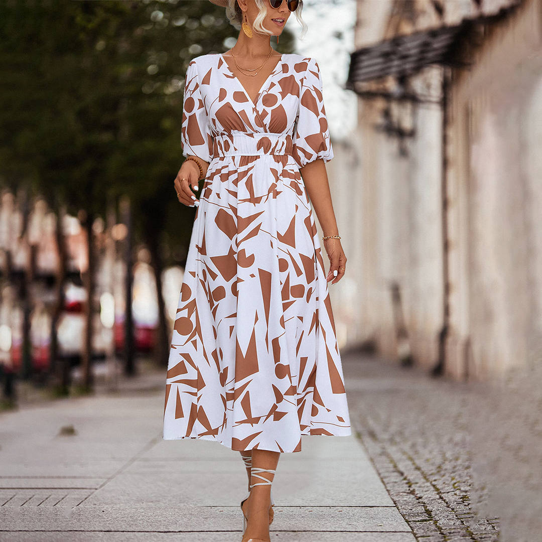 Deep V-Neck Puff Sleeve Smocked Waist Abstract Geometric Print Midi Dress 3