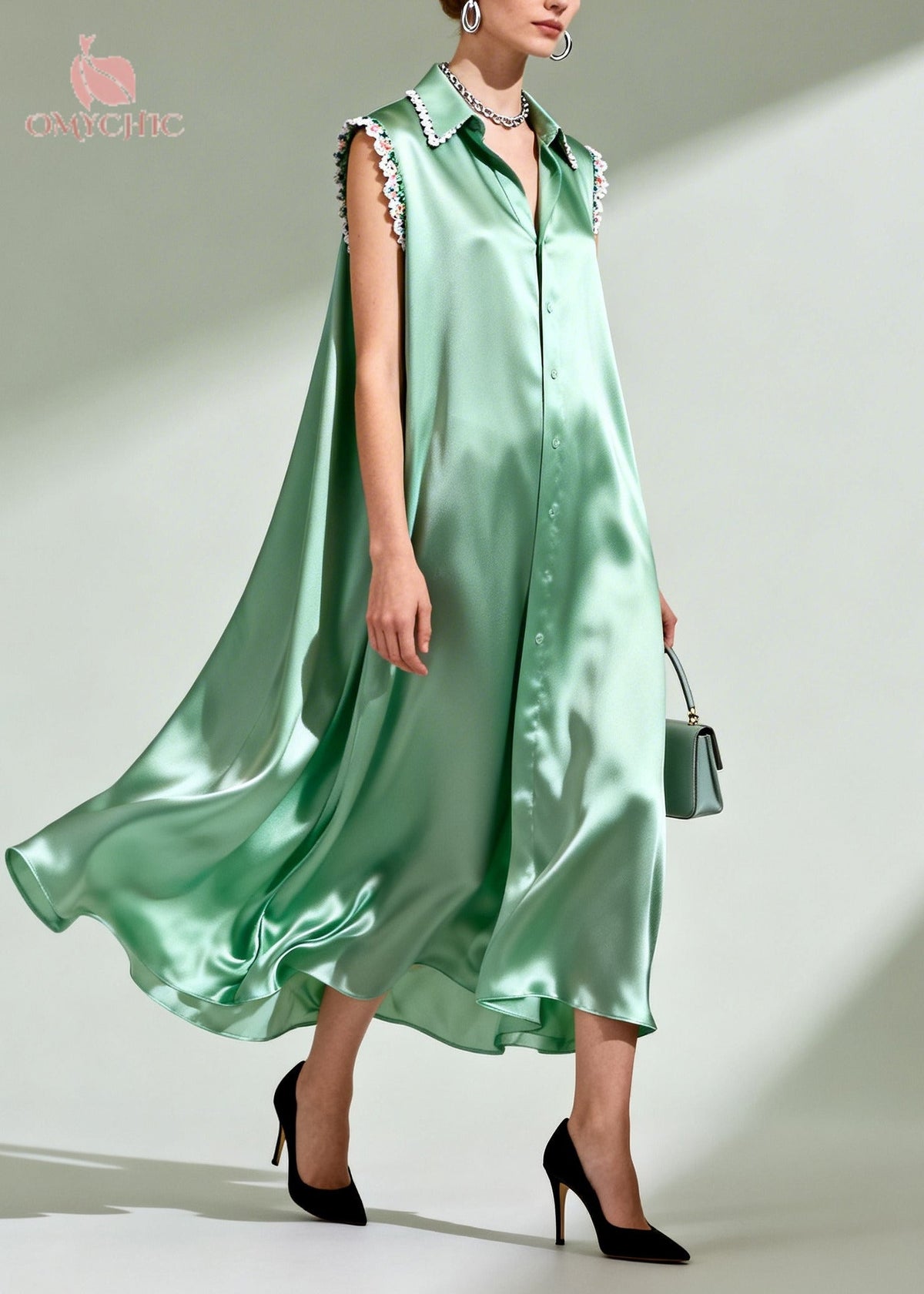 Collared Floral Lace Trim Button-Down Satin Sleeveless Midi Dress 3