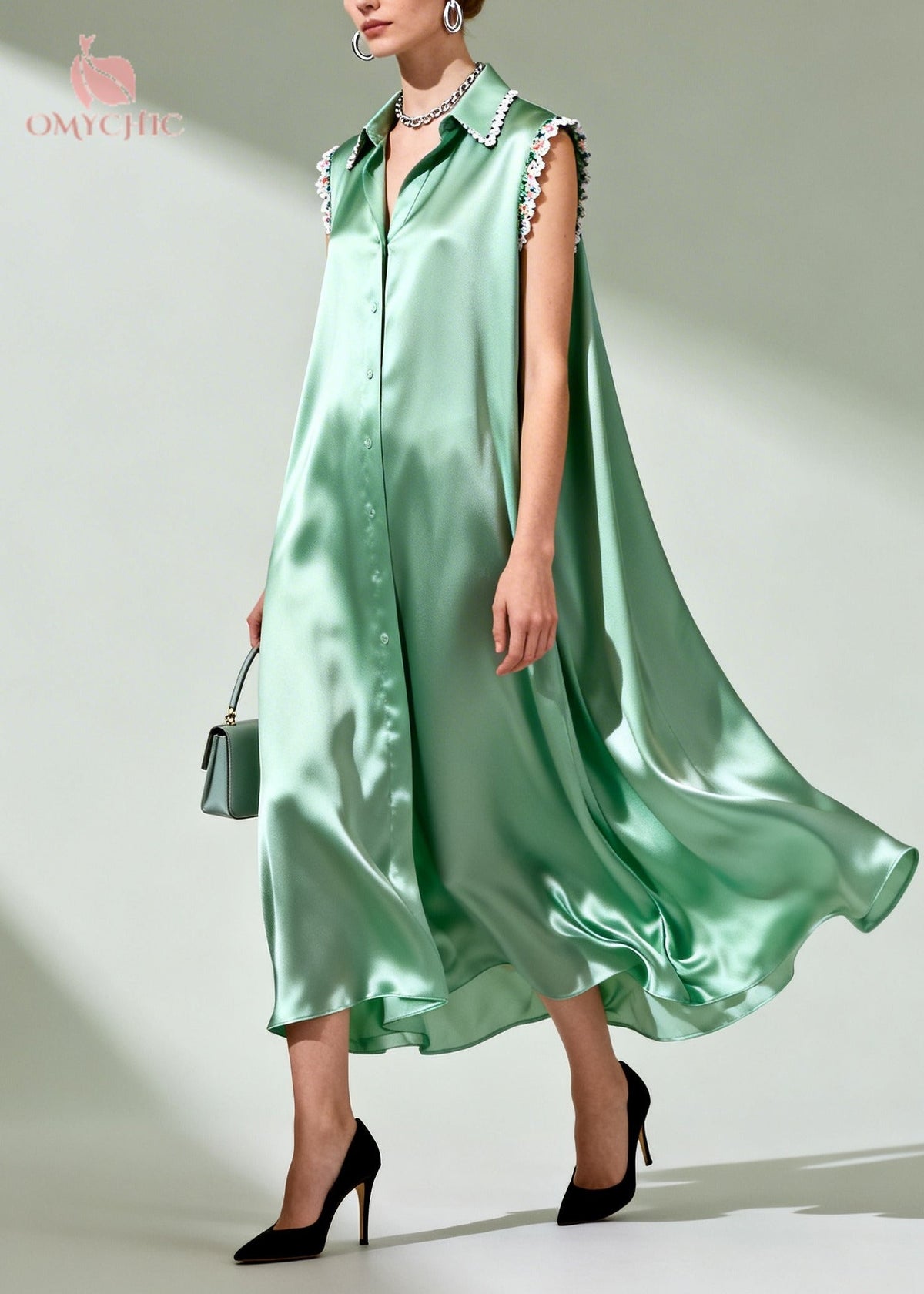Collared Floral Lace Trim Button-Down Satin Sleeveless Midi Dress 5