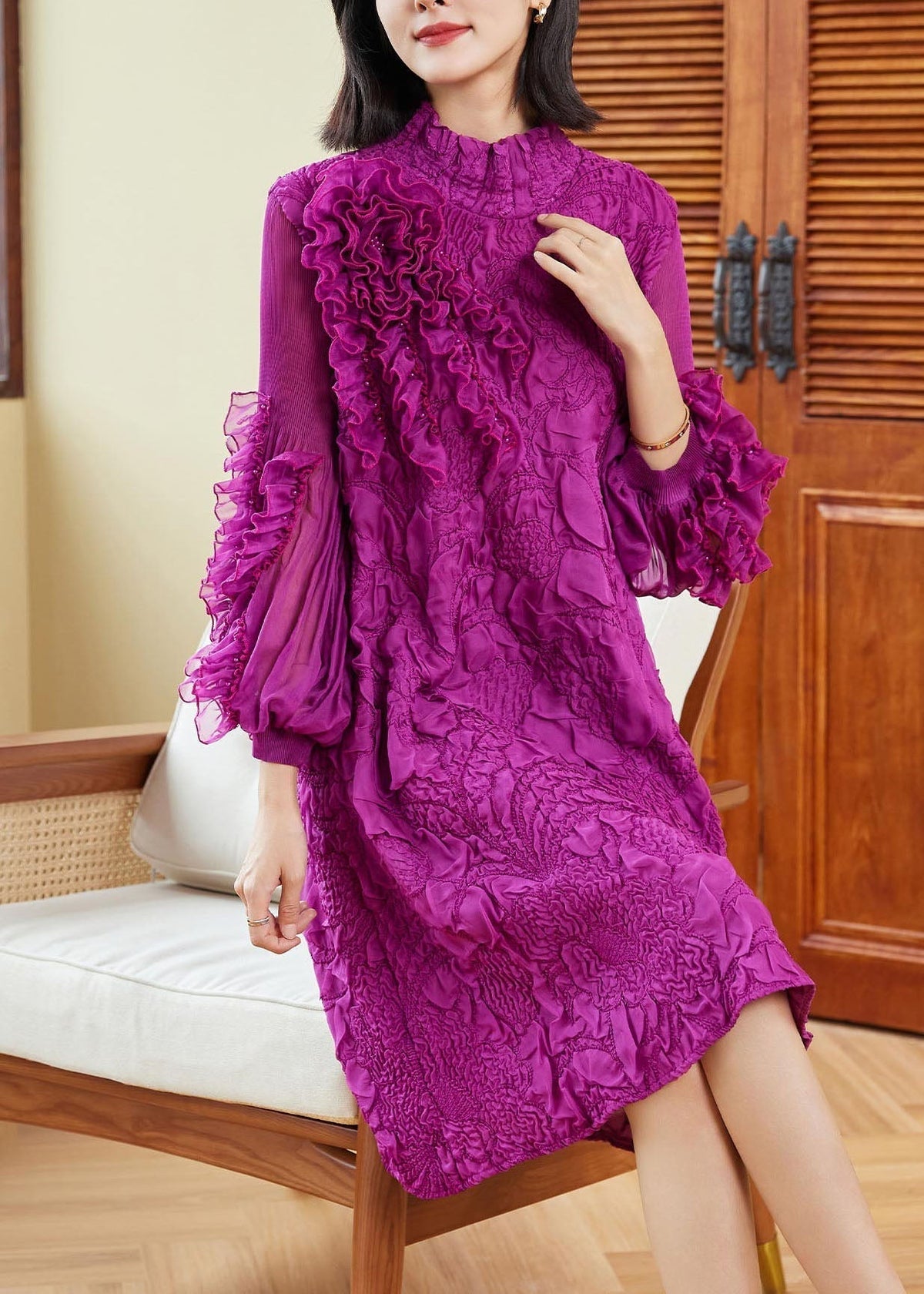 Ruffle Mock Neck Cascading Ruffle Bishop Sleeve Crinkle Textured Knee Dress