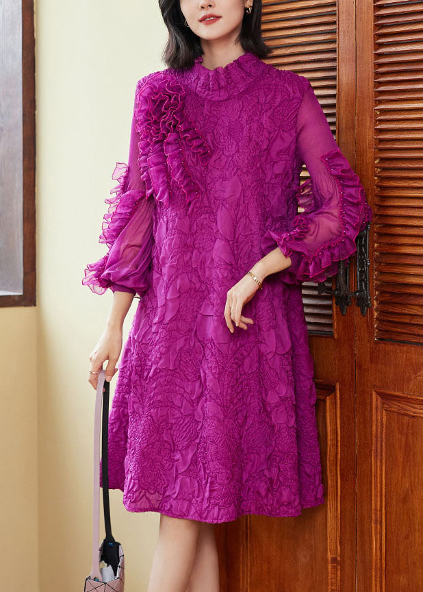 Ruffle Mock Neck Cascading Ruffle Bishop Sleeve Crinkle Textured Knee Dress 2