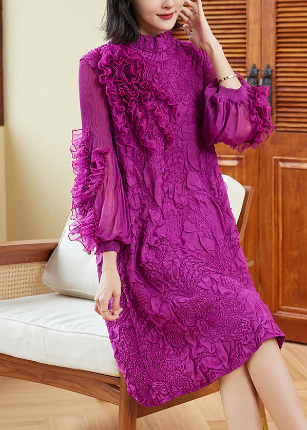 Ruffle Mock Neck Cascading Ruffle Bishop Sleeve Crinkle Textured Knee Dress 4