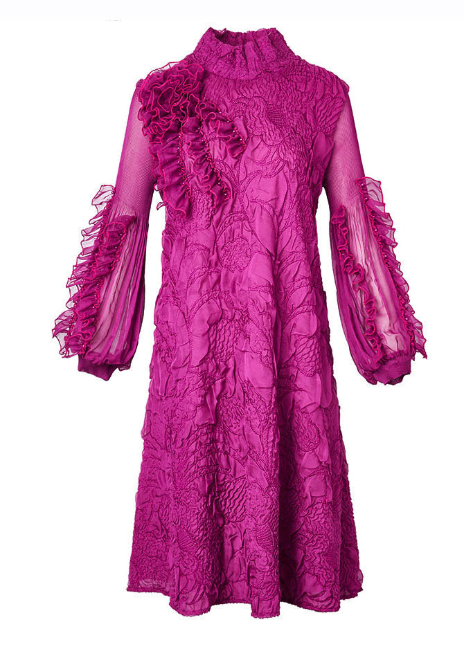 Ruffle Mock Neck Cascading Ruffle Bishop Sleeve Crinkle Textured Knee Dress 5
