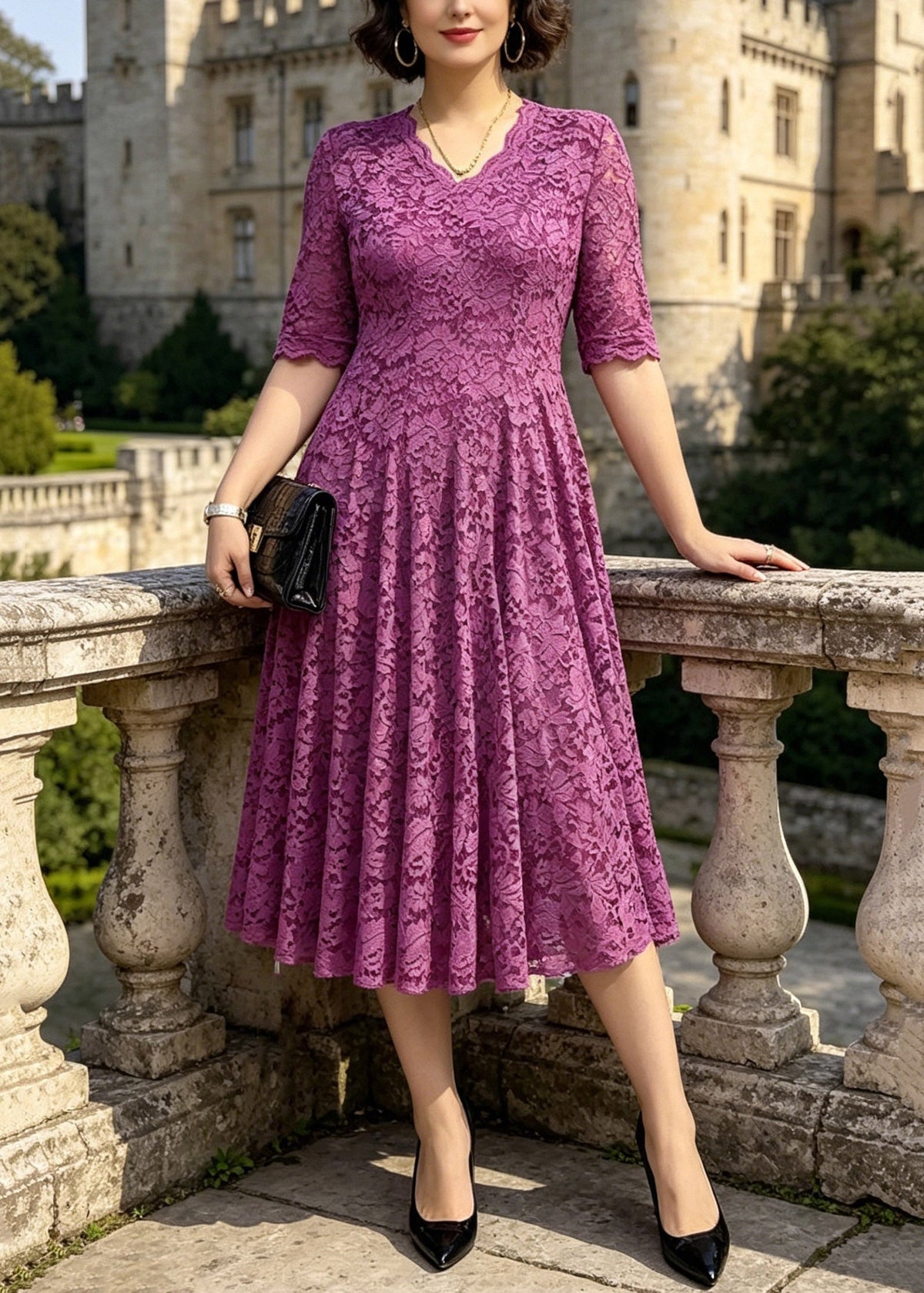 V-Neck Floral Lace Fit and Flare Scalloped Cuff Midi Dress 3