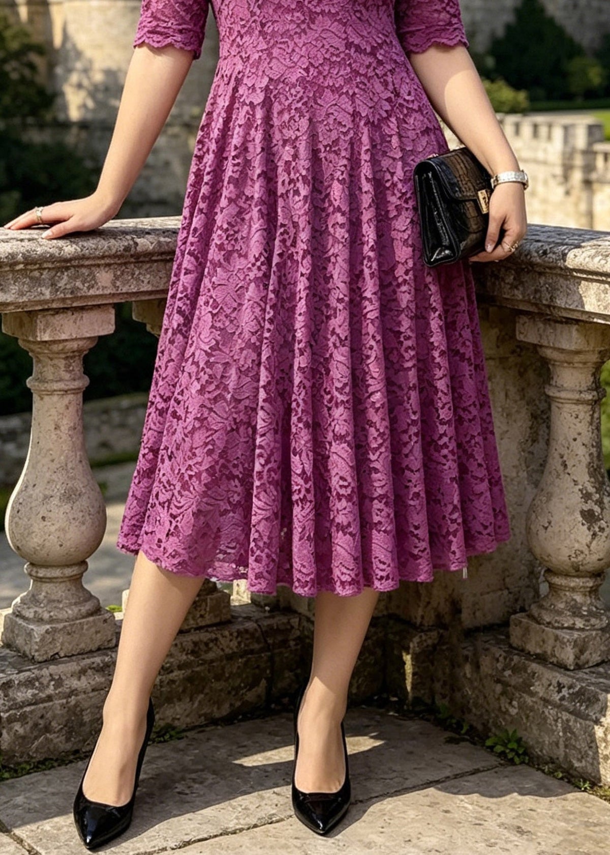 V-Neck Floral Lace Fit and Flare Scalloped Cuff Midi Dress 4