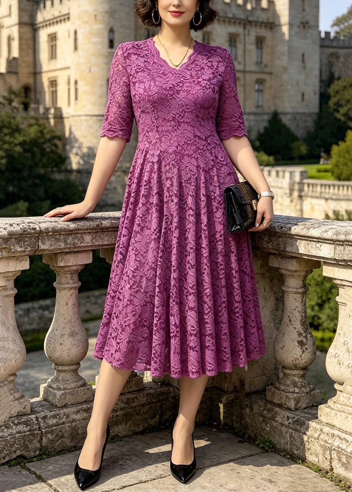 V-Neck Floral Lace Fit and Flare Scalloped Cuff Midi Dress 5